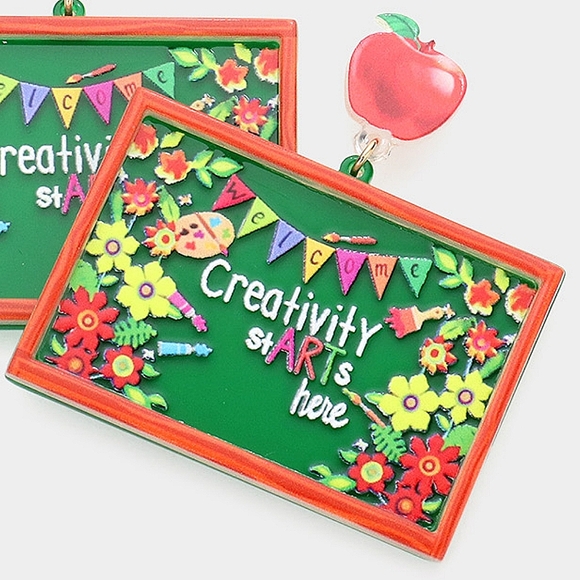 Creativity StARTS Here ChalkBoard Teacher Dangle Earrings Apple School Gift Drop - Picture 2 of 3